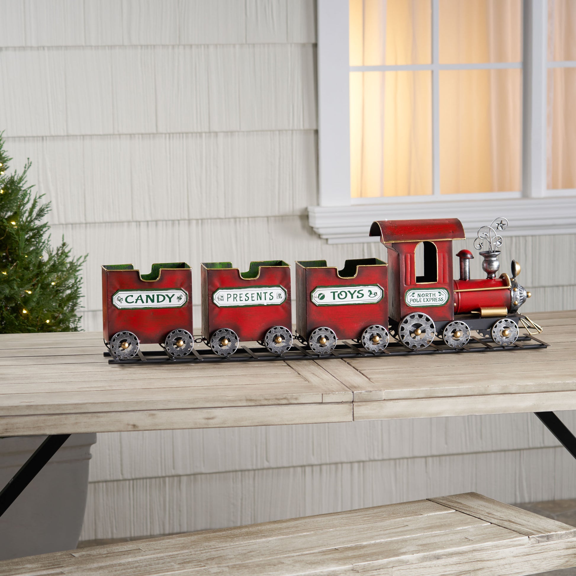 Dark Red Metal Train with Three Cars Decor