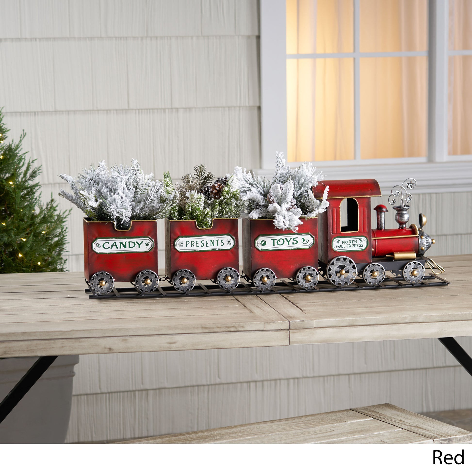 Dark Red Metal Train with Three Cars Decor