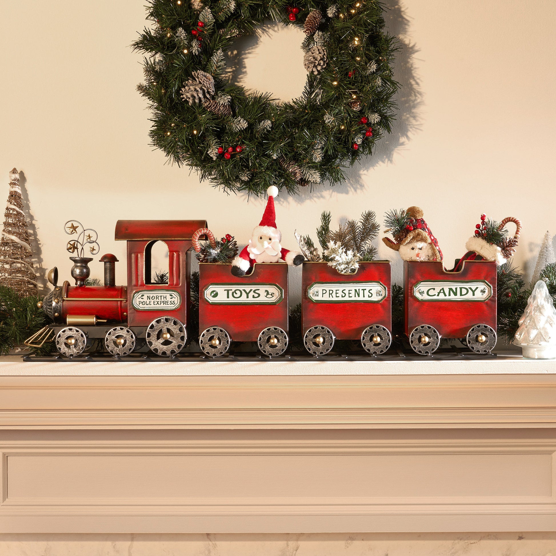 Dark Red Metal Train with Three Cars Decor