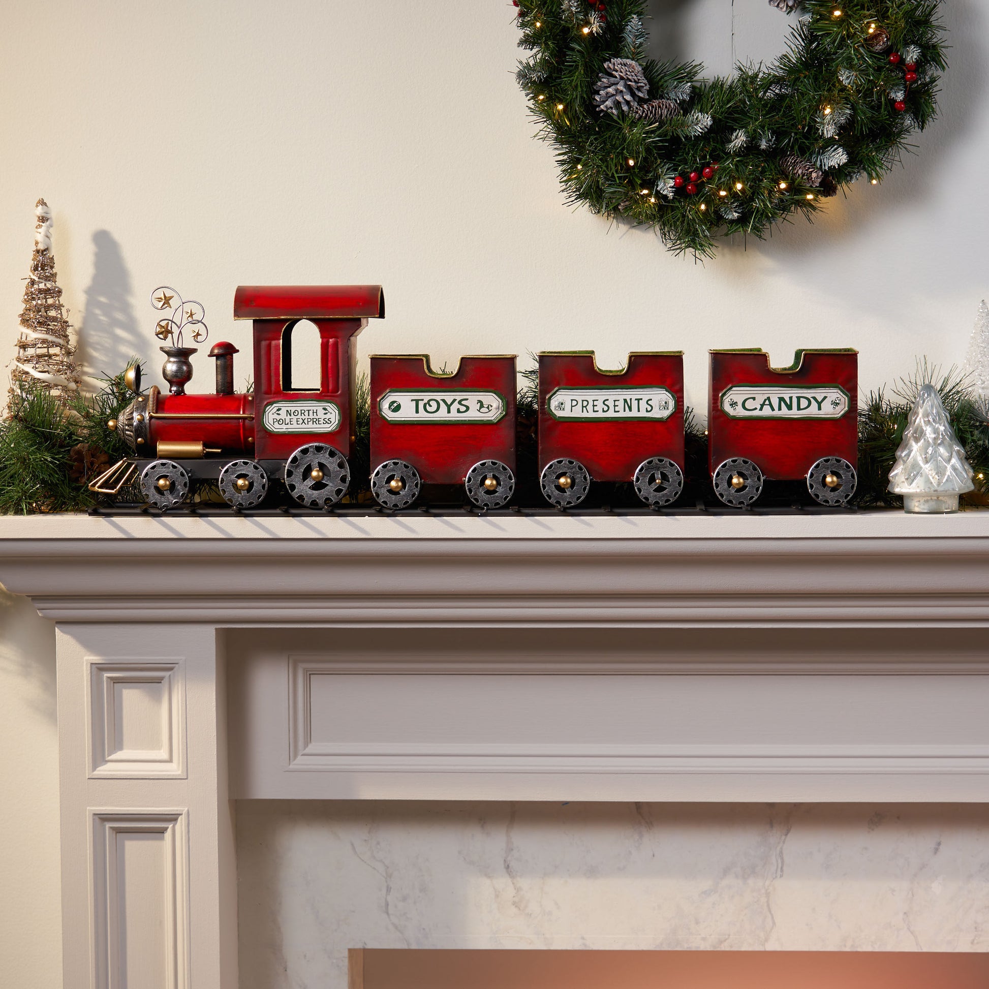 Dark Red Metal Train with Three Cars Decor