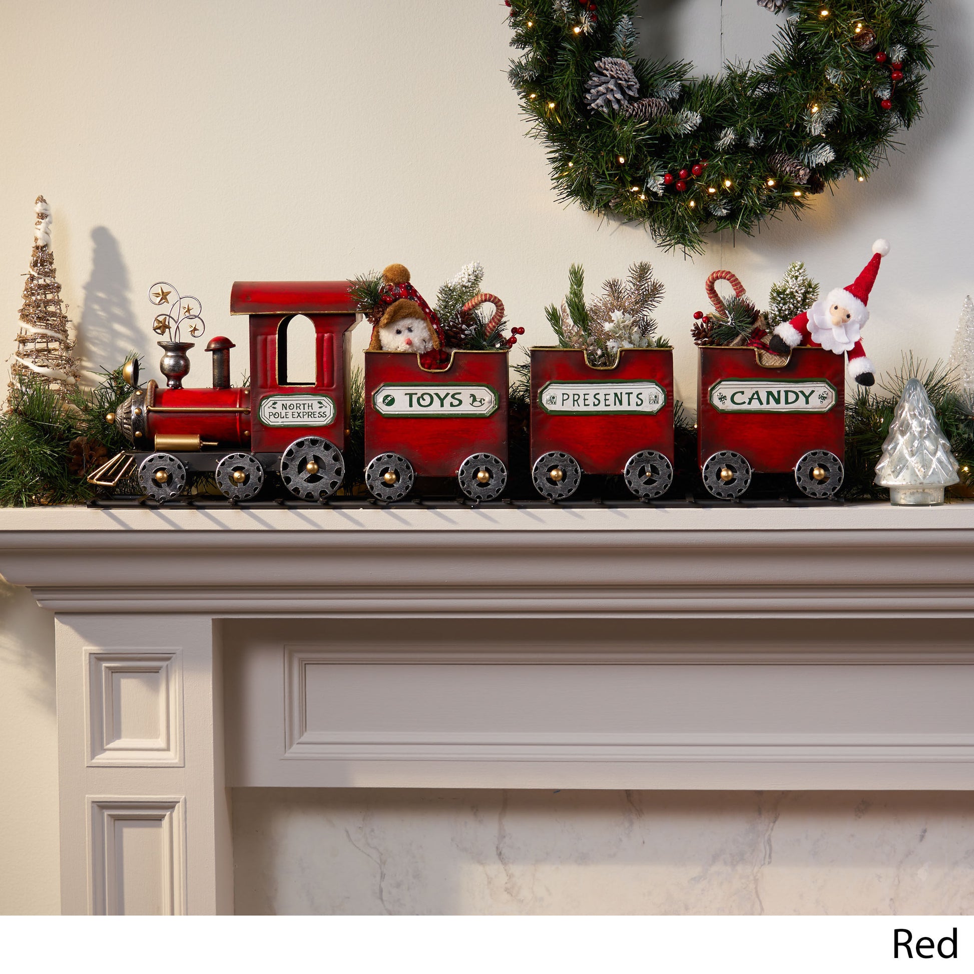 Dark Red Metal Train with Three Cars Decor