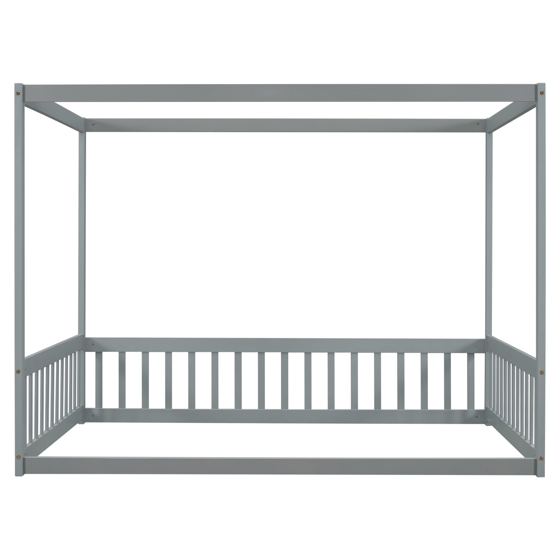 Full Size Canopy Frame Floor Bed With Fence -