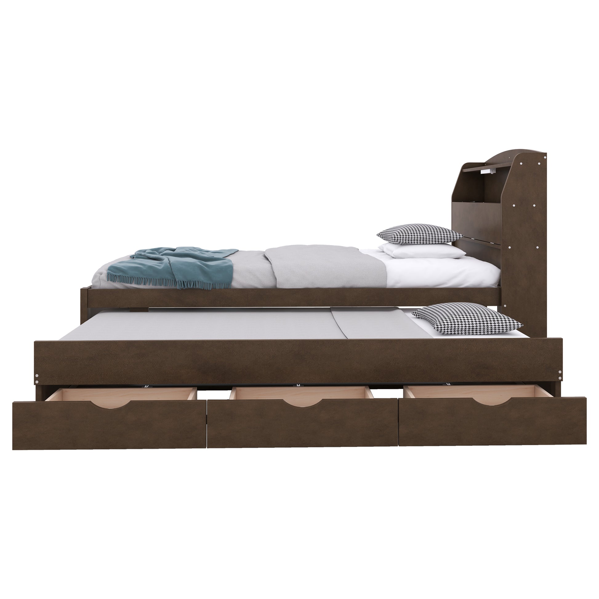 Twin Size Wooden Led Platform Bed With Trundle,