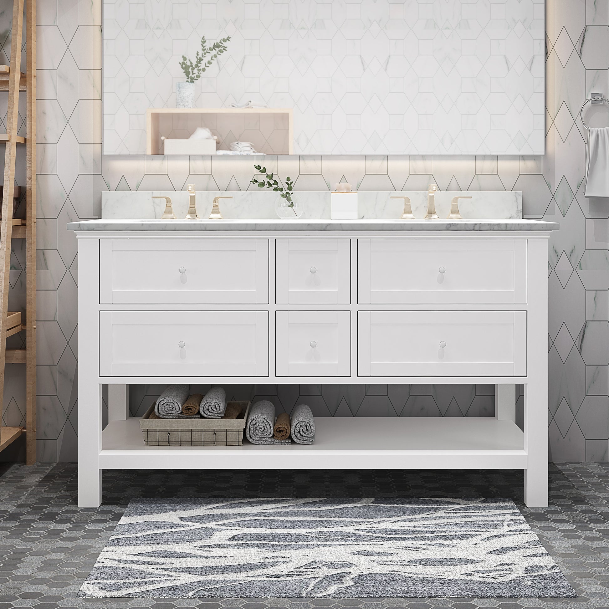 61'' Bathroom Vanity with Marble Top & Double Ceramic white-plywood