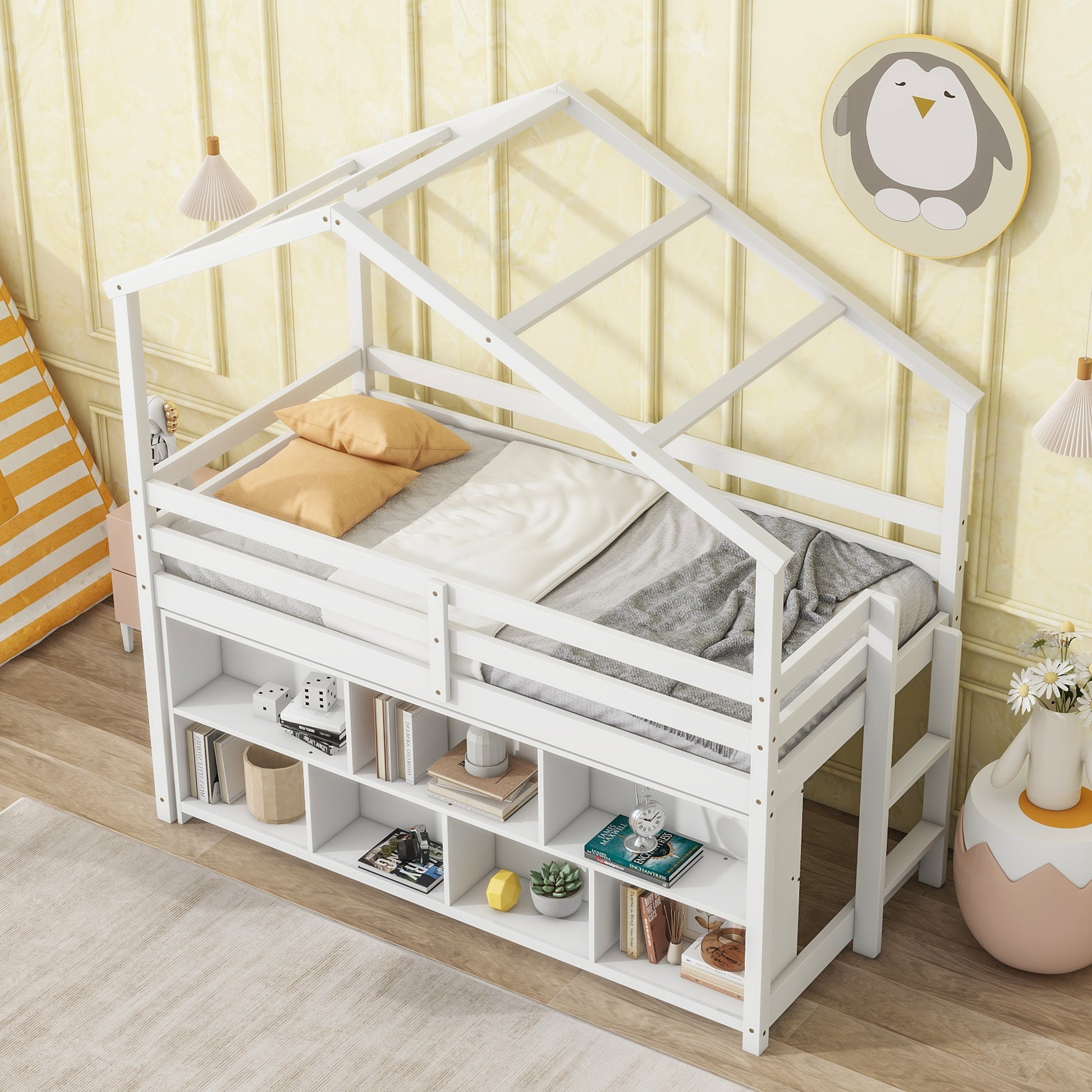 Twin House Loft Bed With Roof Frame, Under Bed -