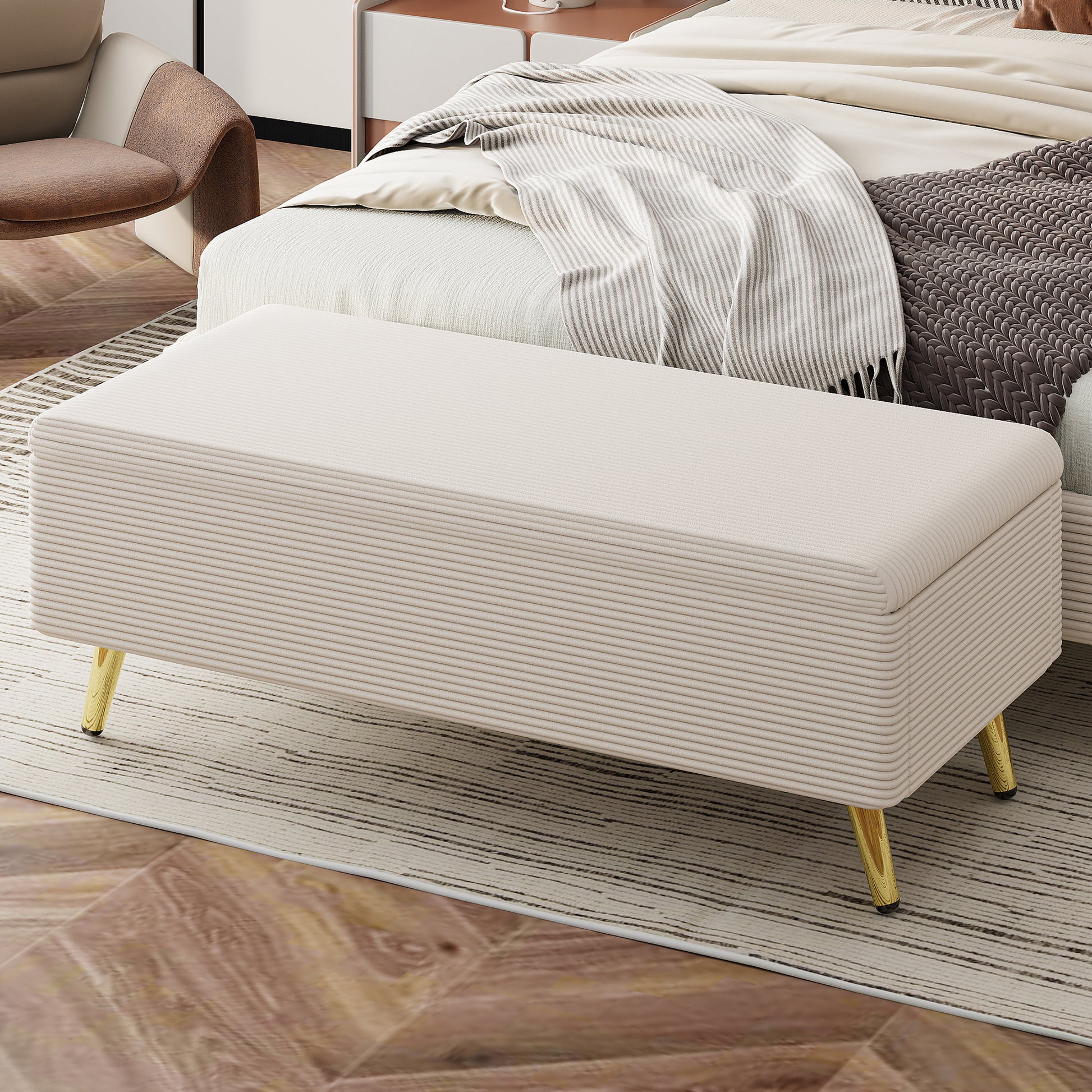 Modern Corduroy Upholstered Ottoman With Metal