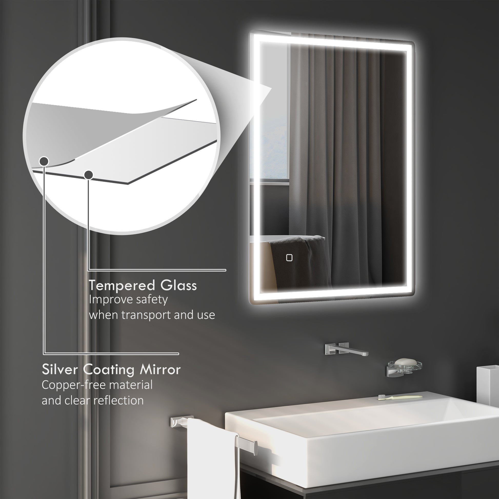 HOMCOM 32" x 24" Dimmable Bathroom Mirror with Lights silver-tempered glass