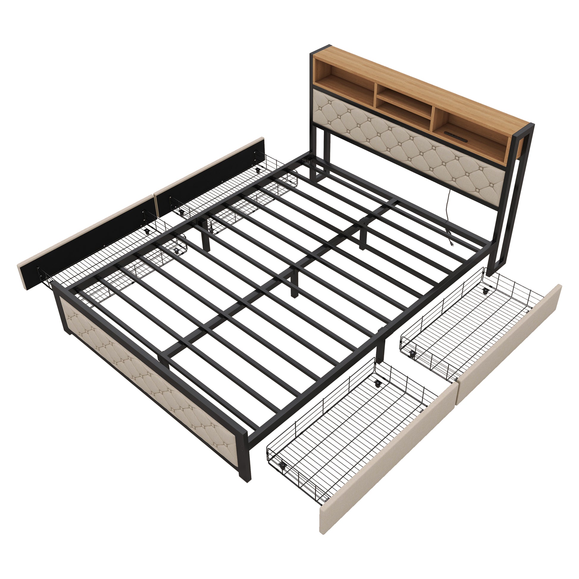 Metal Queen Size Platform Bed With 4 Drawers -