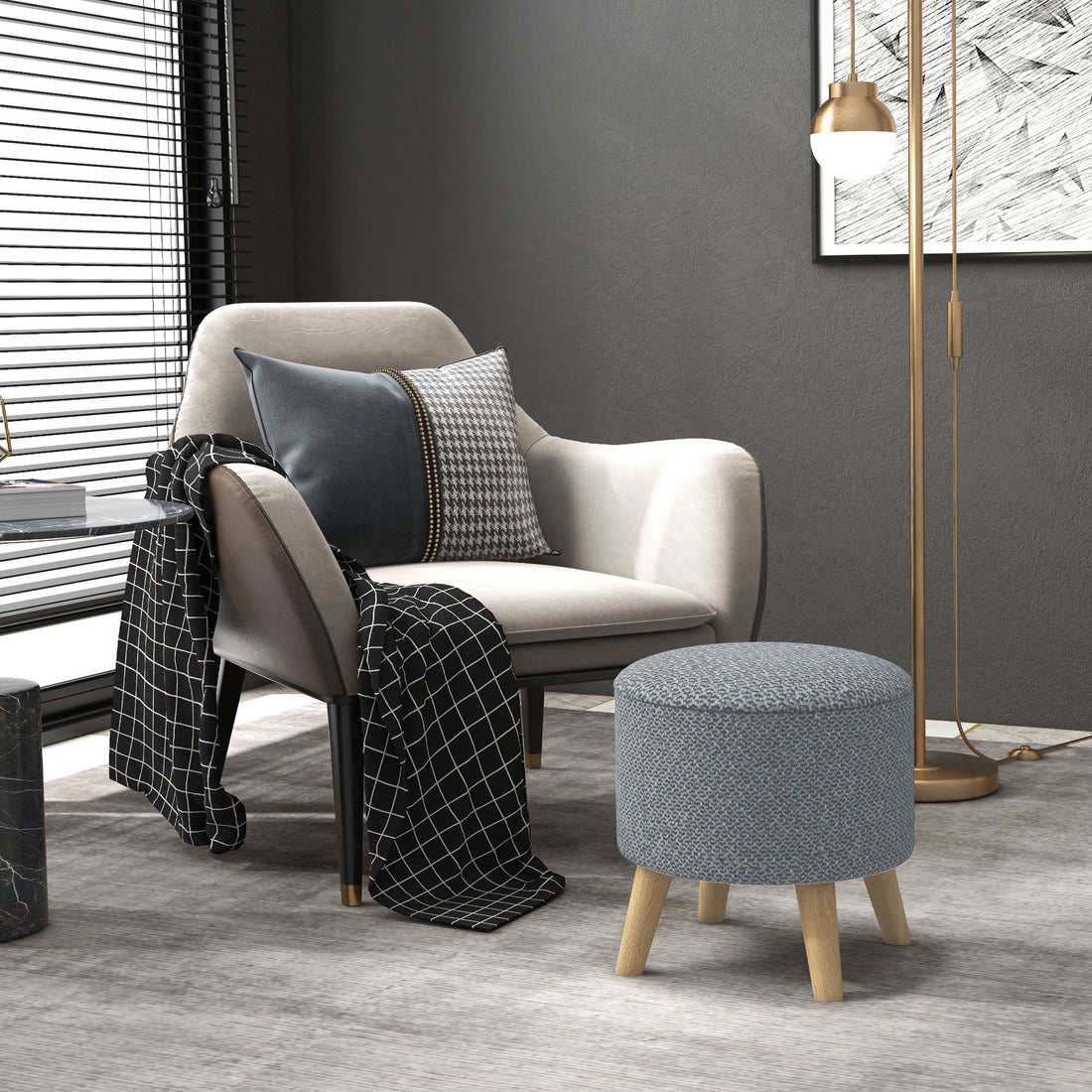 HOMCOM Storage Ottoman, Round Stool Chair with gray-polyester