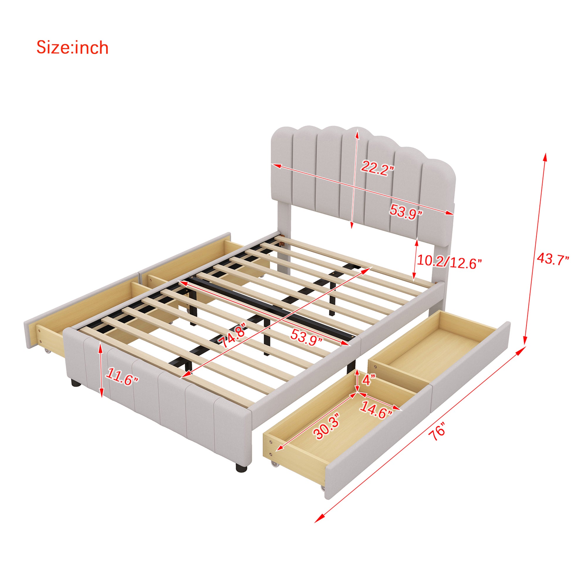 Full Size Upholstered Bed With 4 Storage