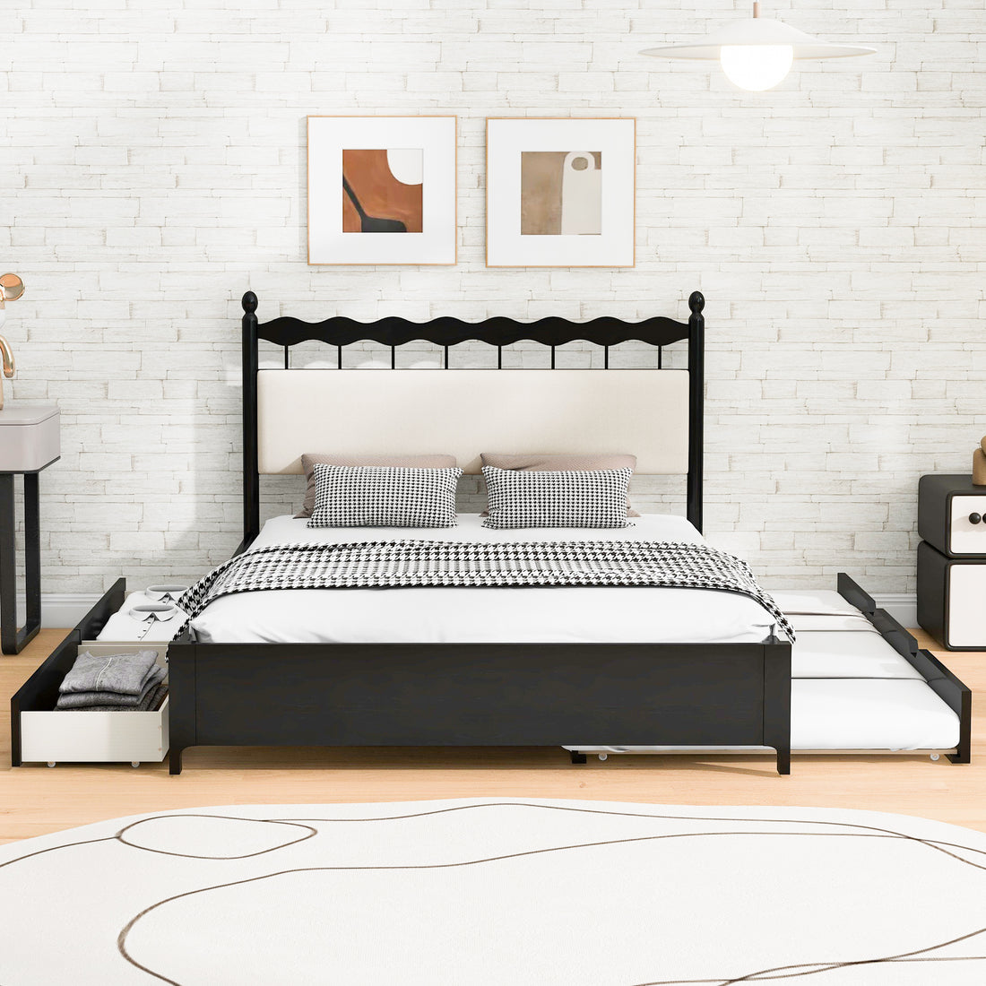 Queen Size Wooden Storage Platform Bed, With 2