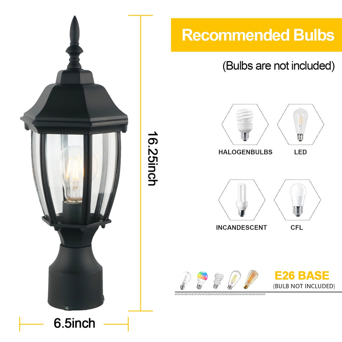 Dusk To Dawn Outdoor 16" Black Post Light Fixture