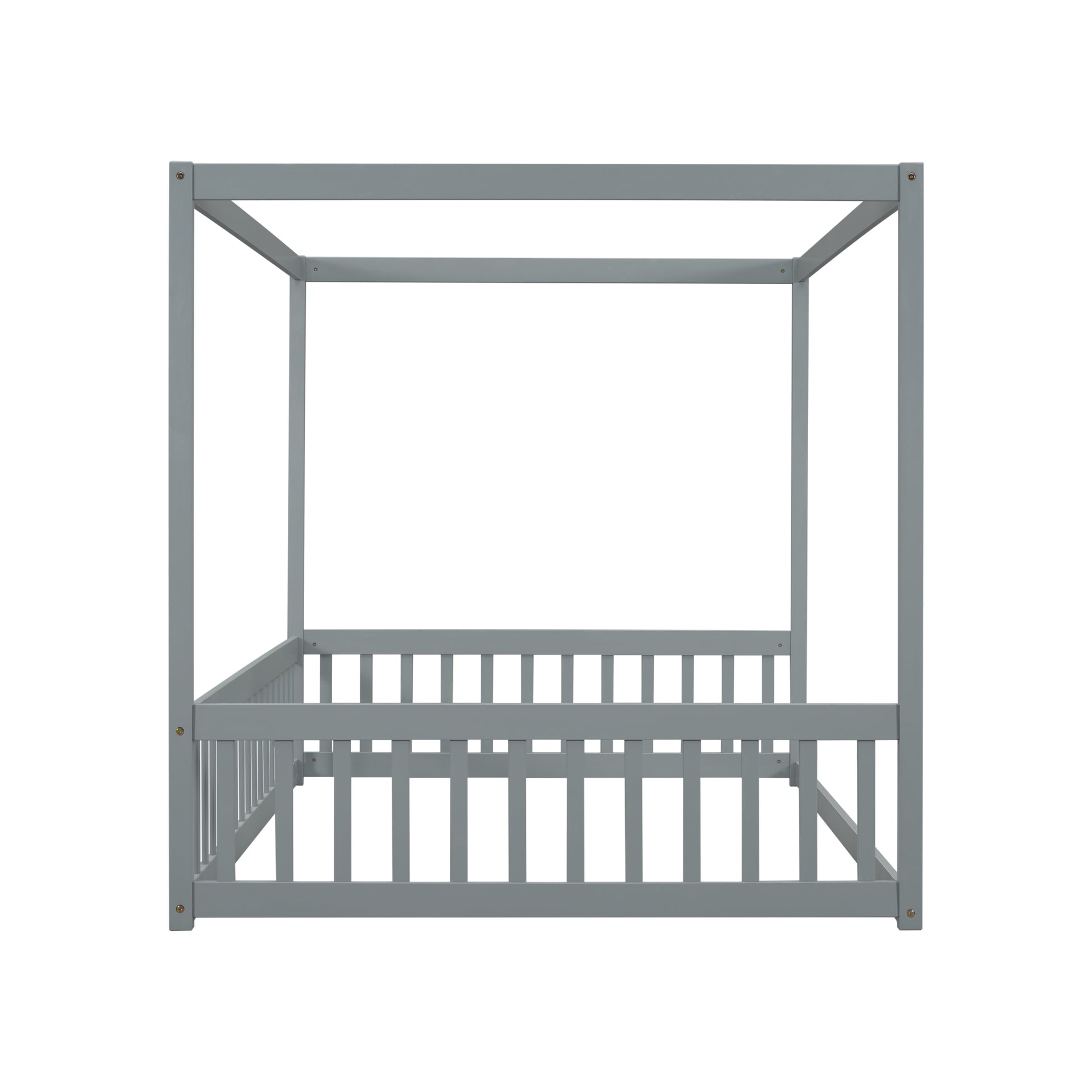 Full Size Canopy Frame Floor Bed With Fence -