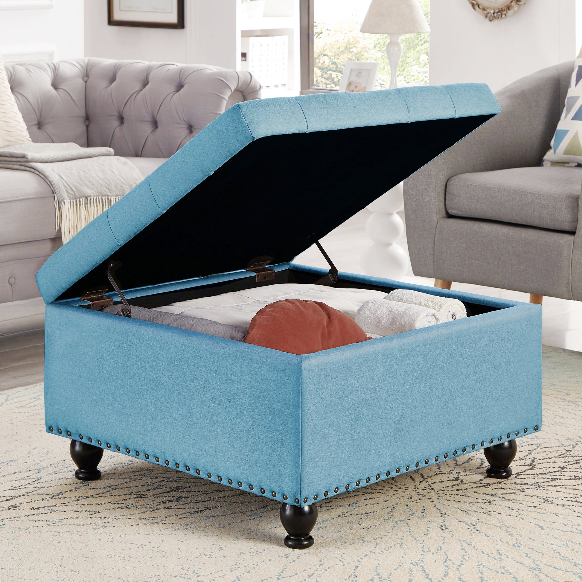 Large Square Storage Ottoman With Wooden Legs -