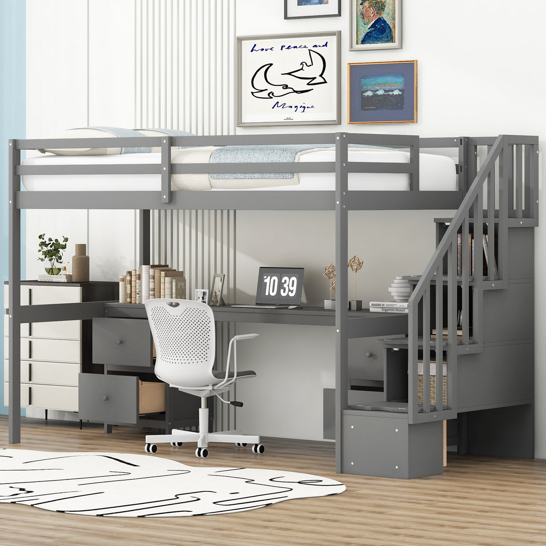 Twin Size Loft Bed Frame With Built In Desk And