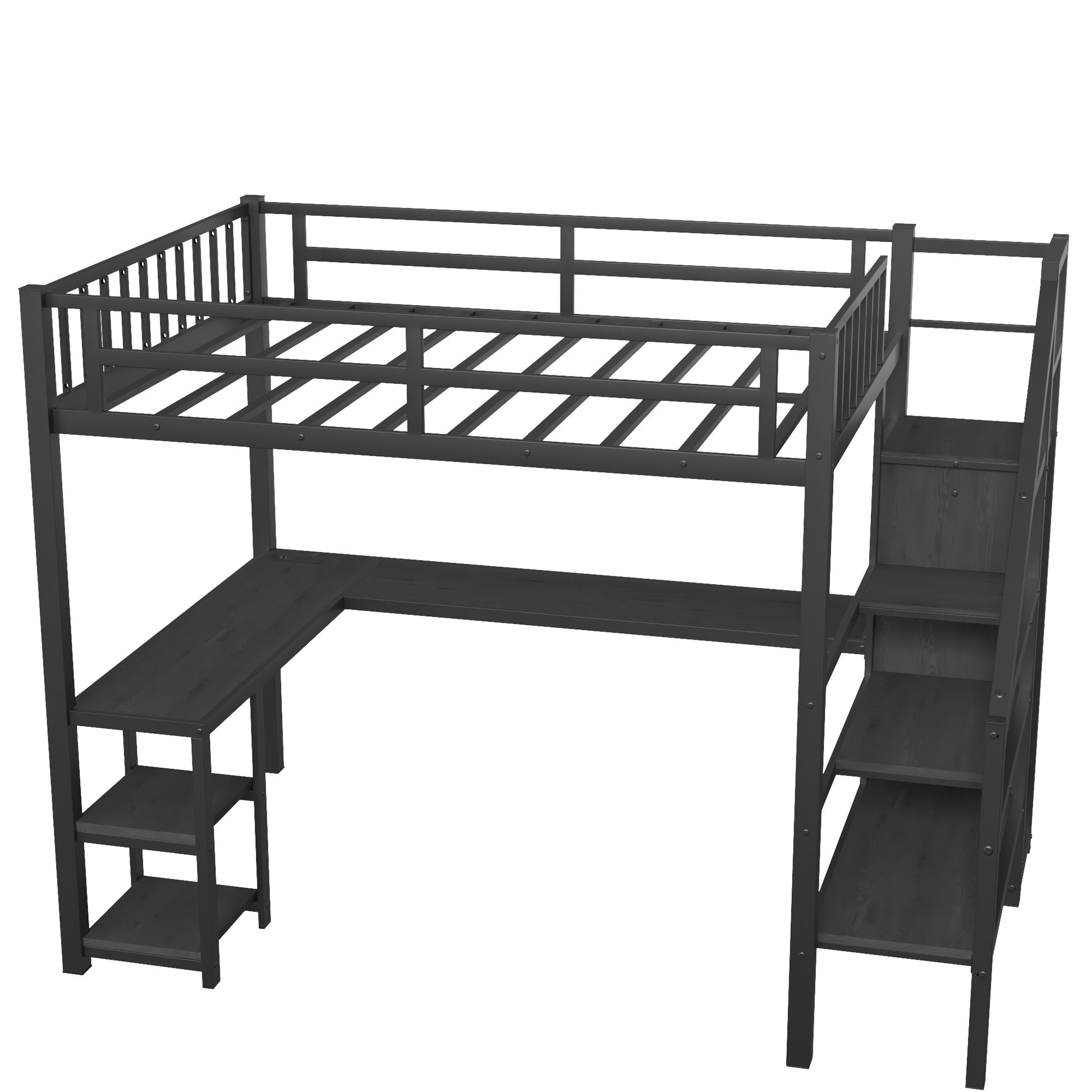 Metal Full Loft Bed With Wardrobe And Led Light,