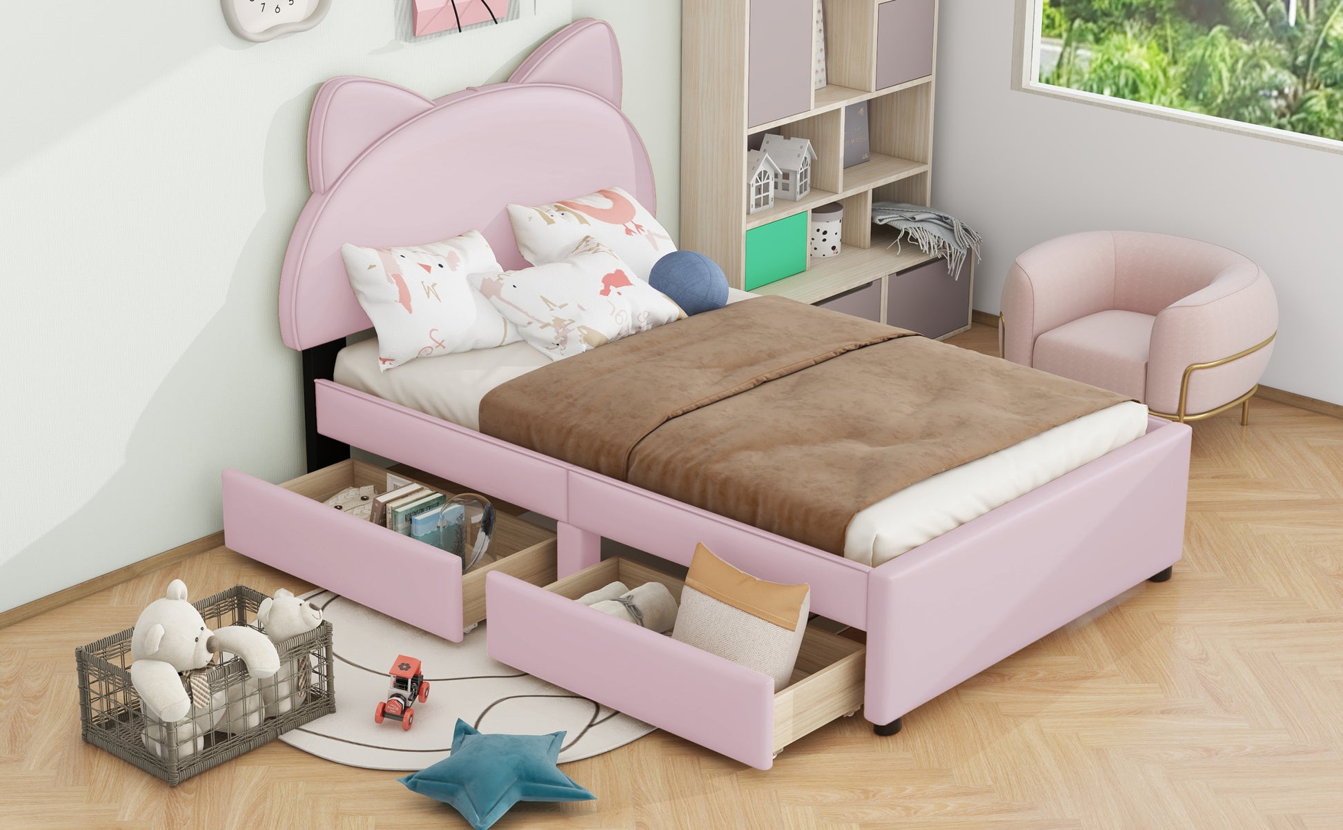 Twin Size Upholstered Platform Bed with Cartoon Ears box spring not