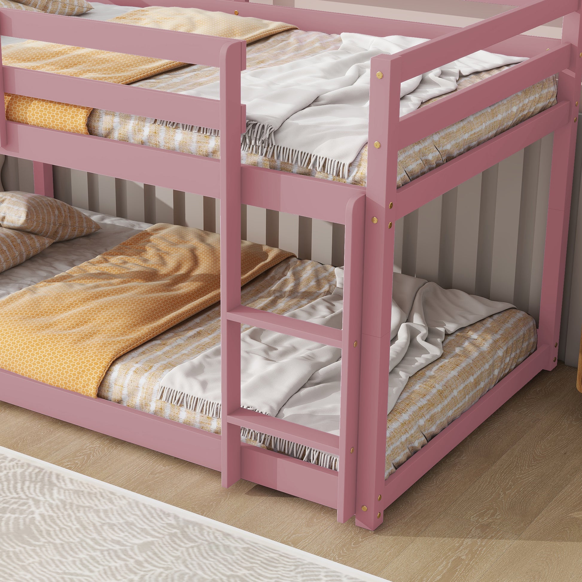 Twin Over Twin Floor Bunk Bed,Pink - Twin Pink