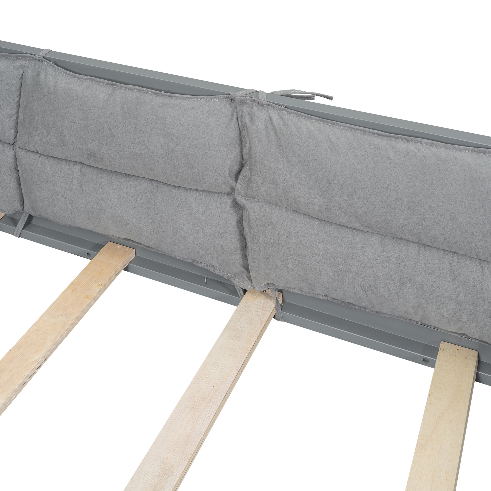 Wood Full Size Upholstered Platform Bed with Guardrail box spring not required-full-gray-wood-bed