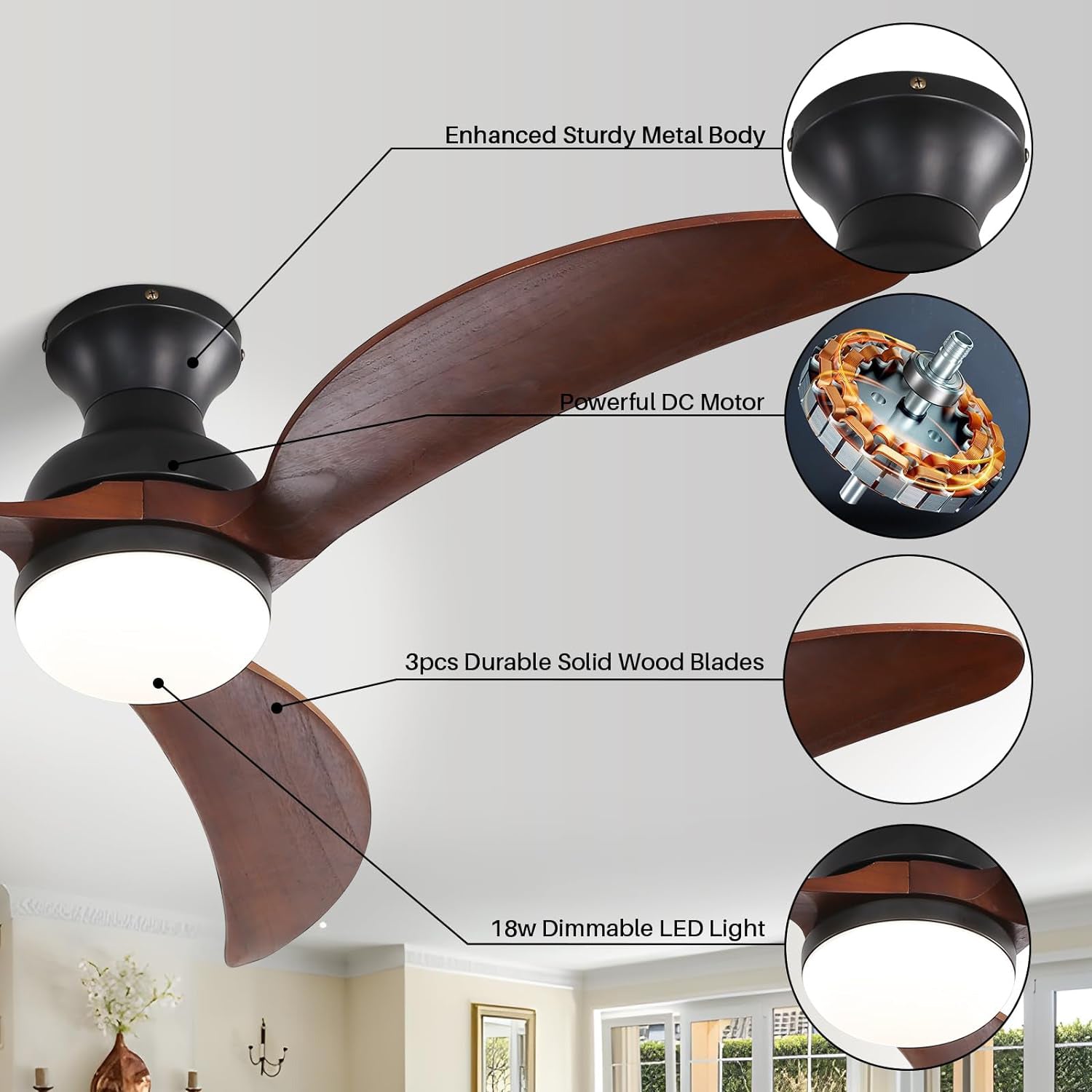 52 Inch Modern Ceiling Fan With 3 Color Dimmable