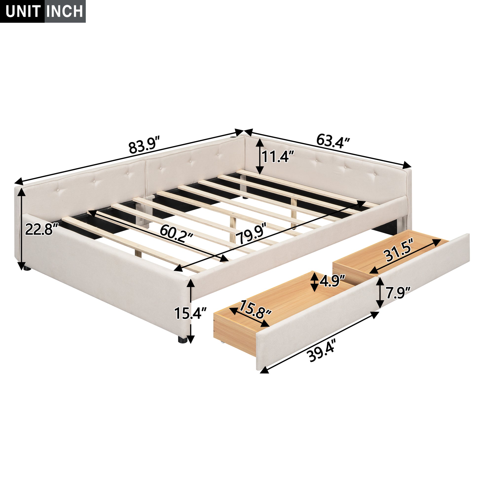 Queen Size Upholstered Platform Bed With Usb And