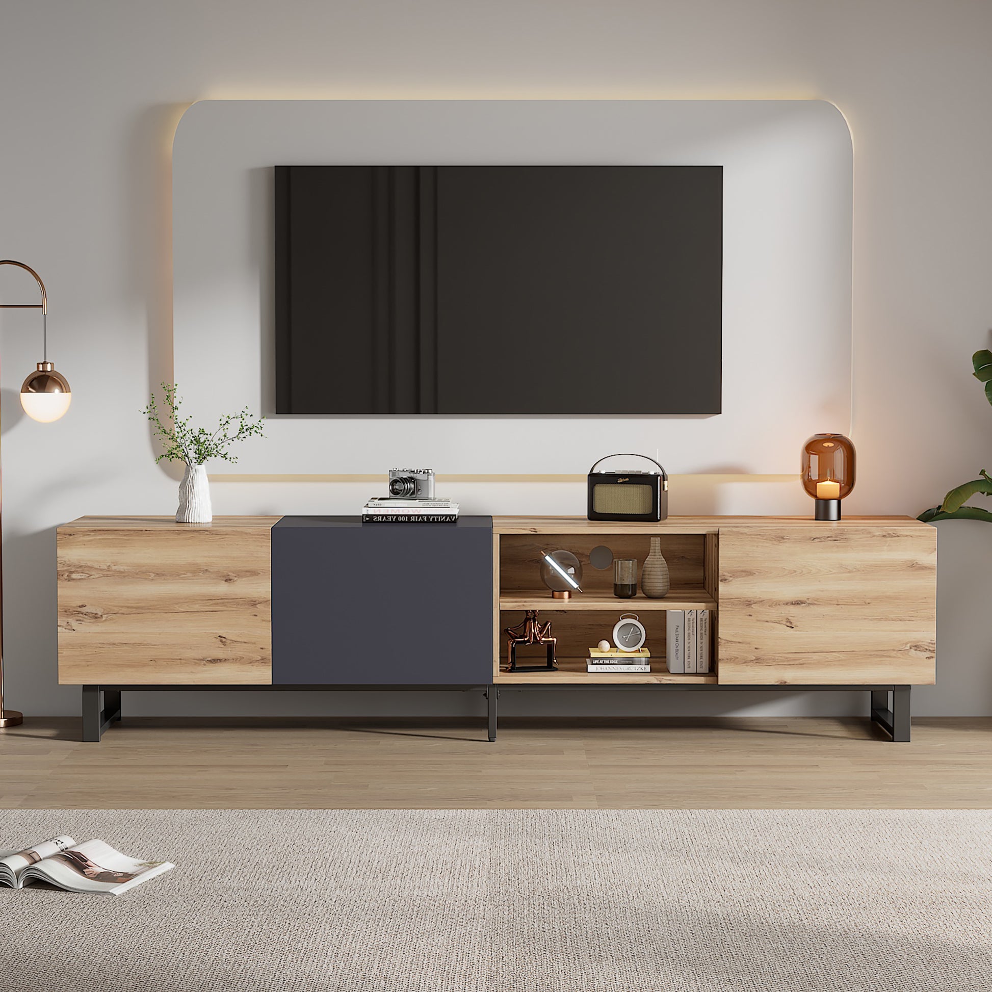 Modern Tv With 3 Cabinets& Open Shelves, Color -