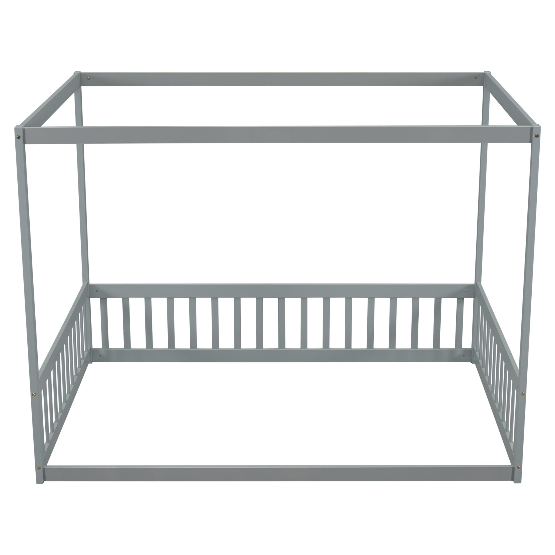 Full Size Canopy Frame Floor Bed With Fence -