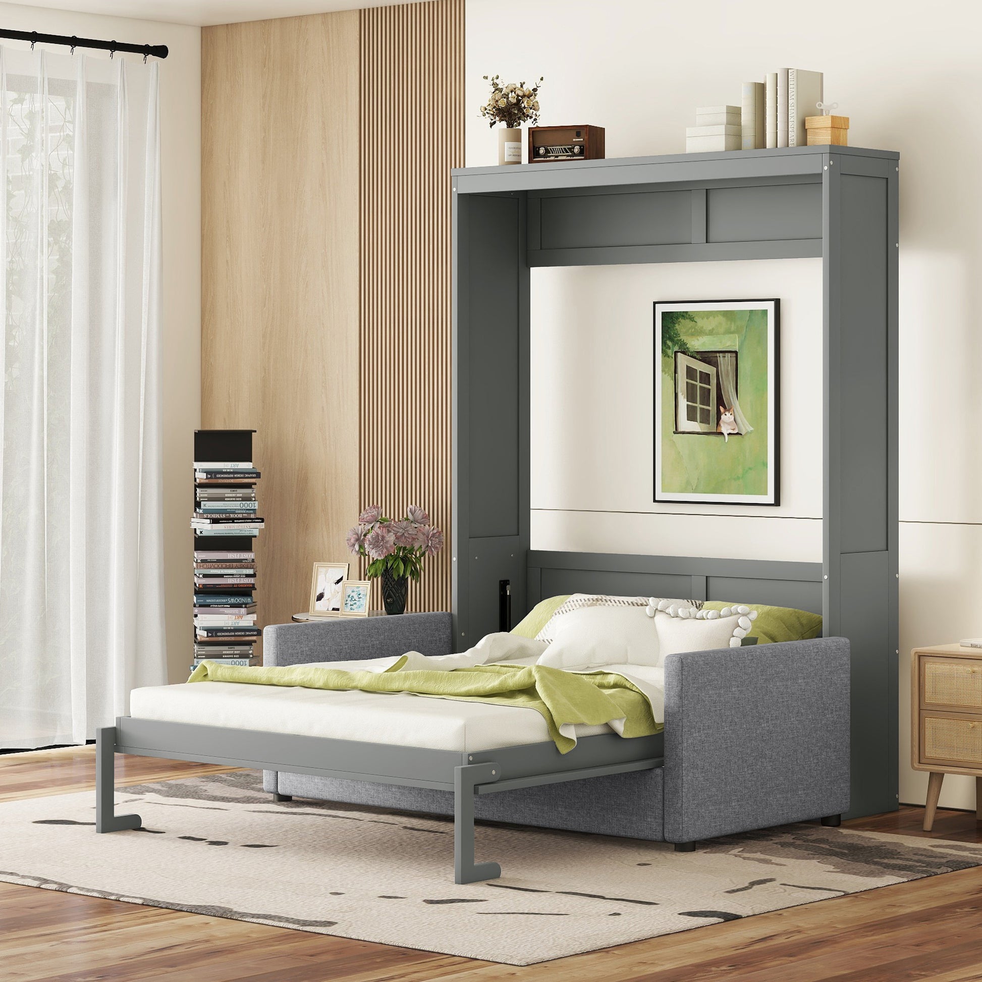 Queen Size Murphy Bed Wall Bed With Cushion,Gray