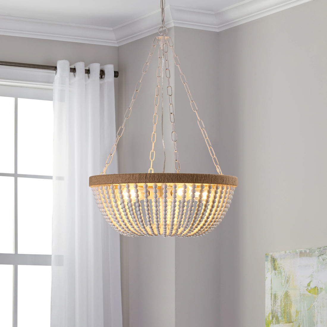 Bohemian Style Wood Beaded Chandelier Oak White -