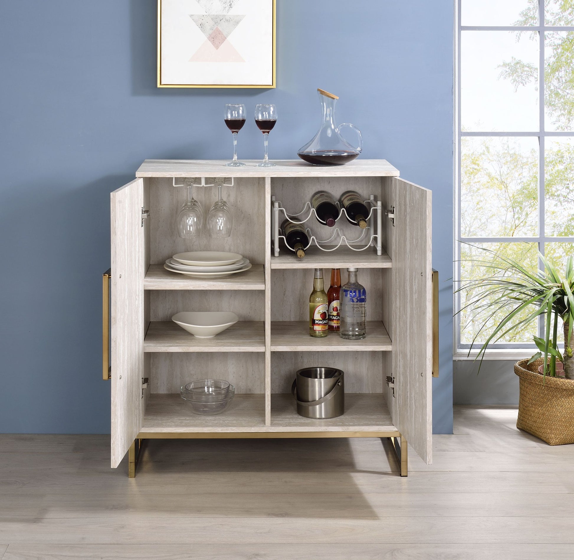 Larkin Faux Marble Wine Cabinet Pearl Silver -