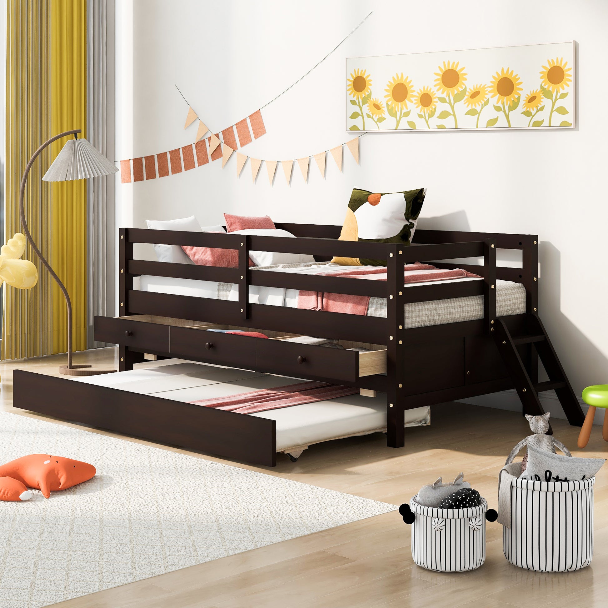 Low Loft Bed Twin Size With Full Safety Fence -