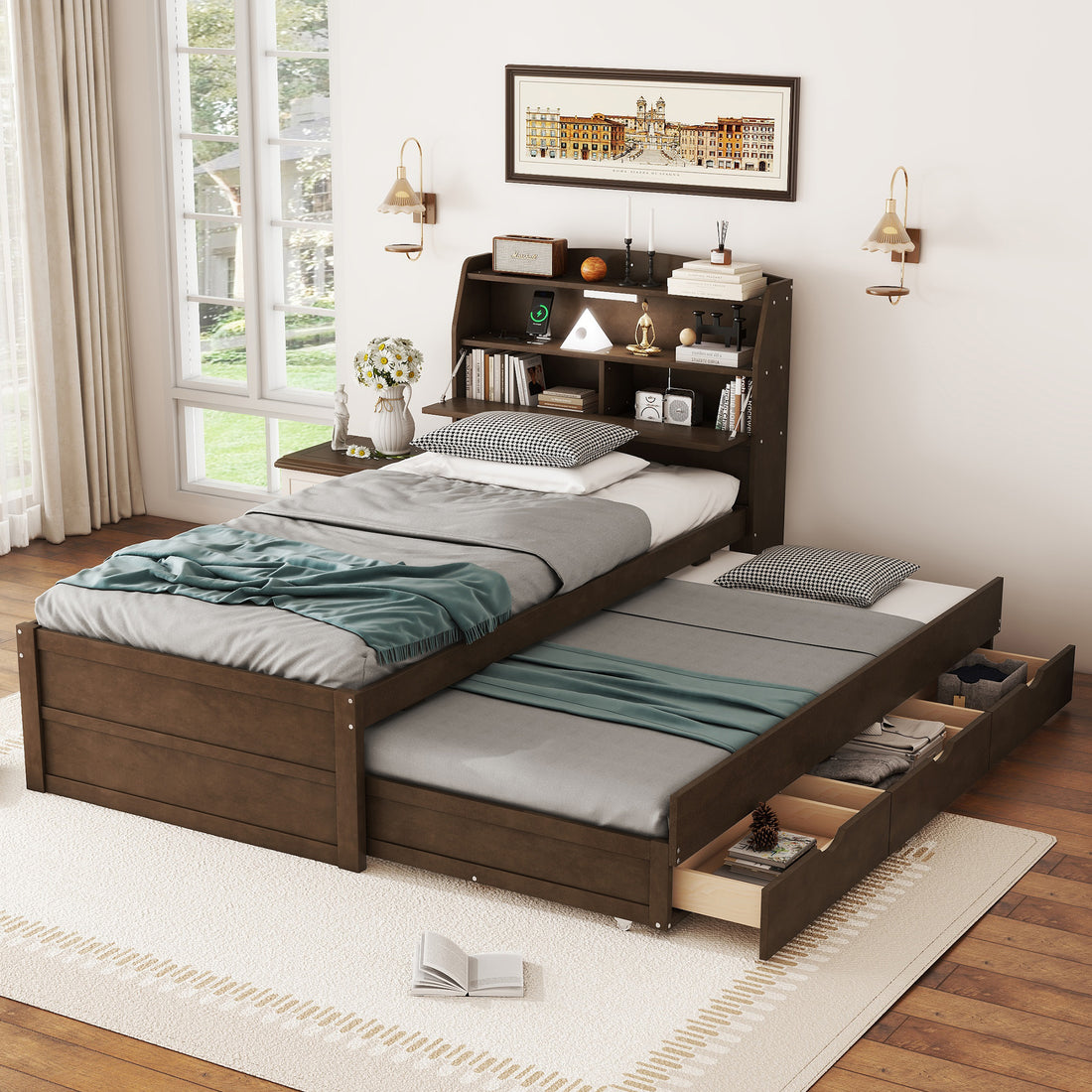 Twin Size Wooden Led Platform Bed With Trundle,