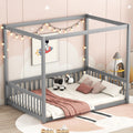 Full Size Canopy Frame Floor Bed With Fence -