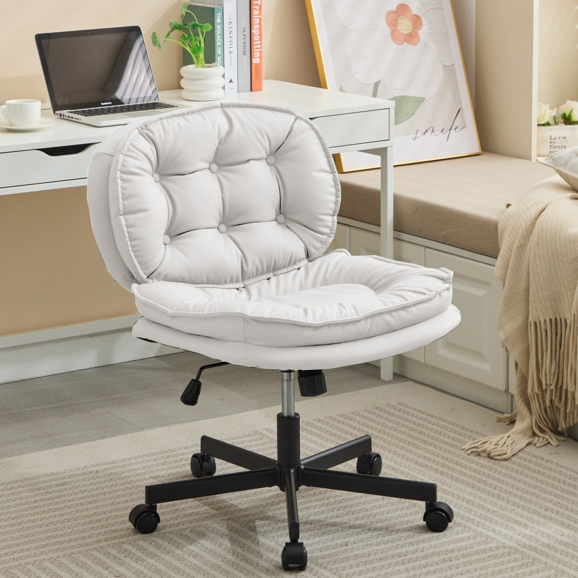 Armless Office Desk Chair With Wheels: Pu Leather