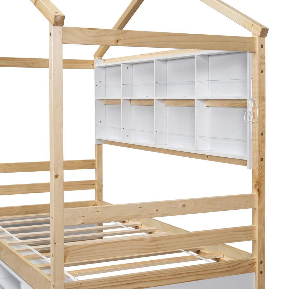 Twin House Bed With Roof Frame, Bedside Shelves,
