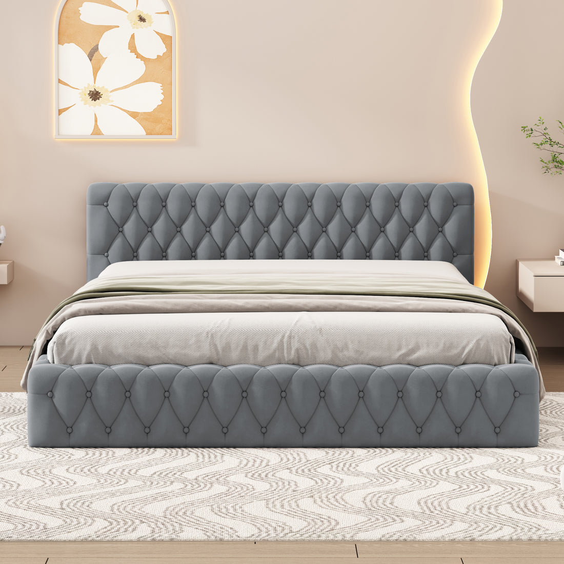 Queen Size Velvet Upholstered Platform Bed, With