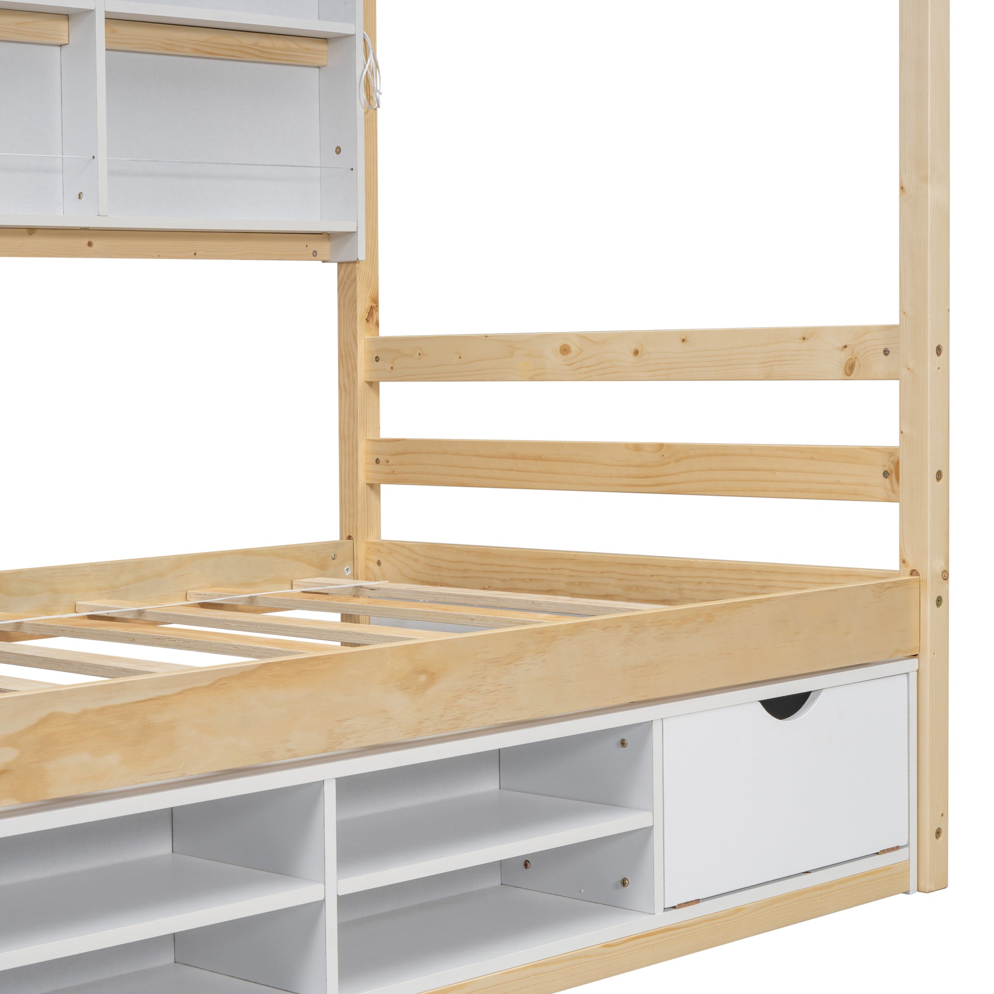 Twin House Bed With Roof Frame, Bedside Shelves,