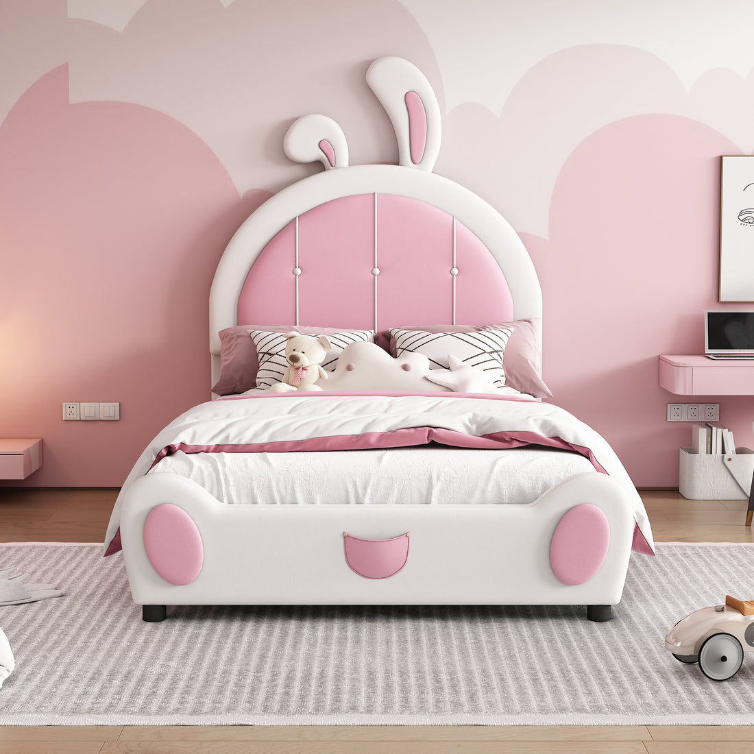 Twin Size Upholstered Platform Bed With Rabbit