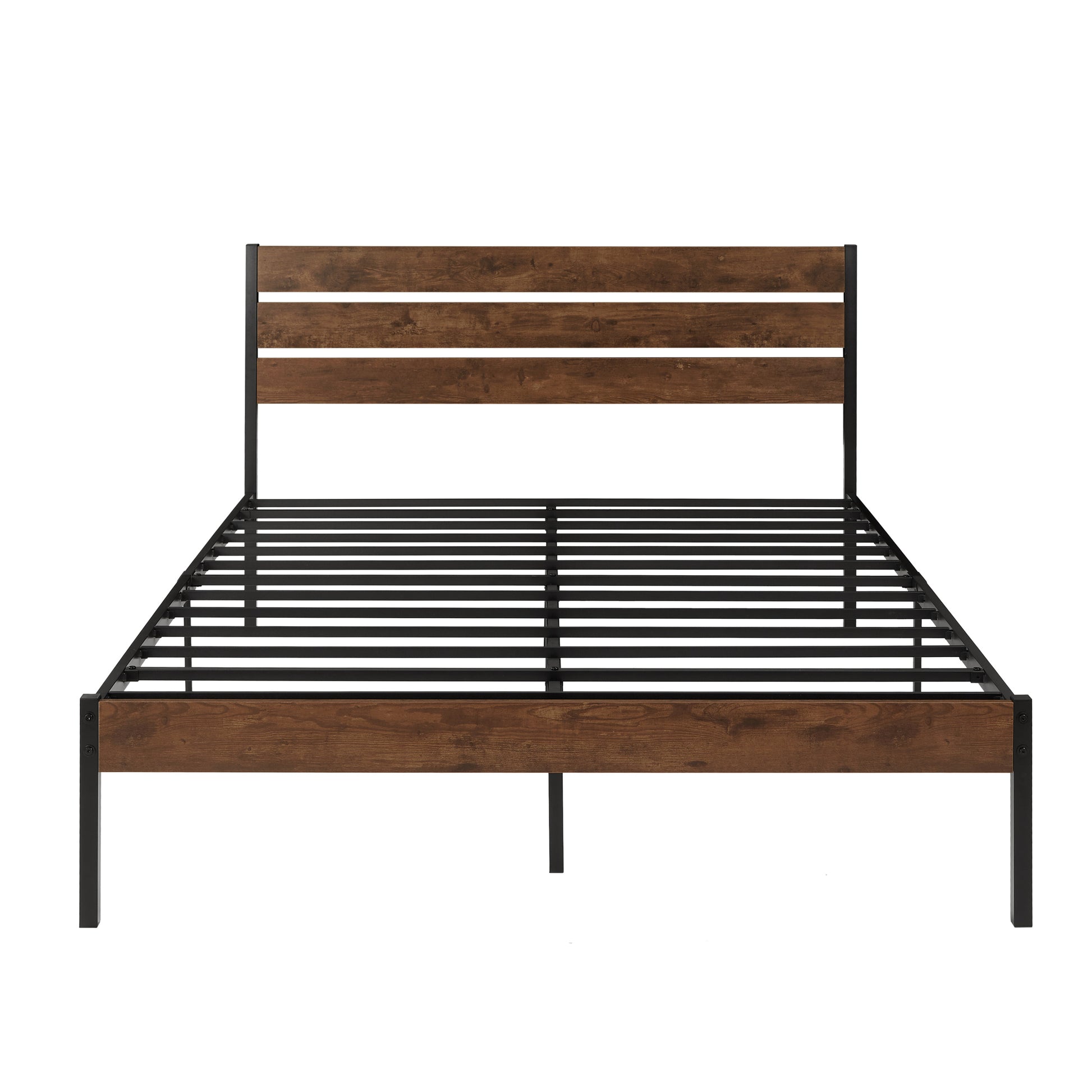 Queen Size Bed Frame With Wood Headboard, Metal