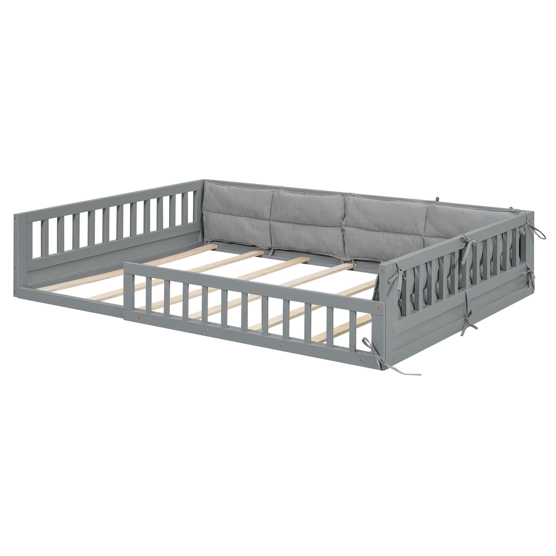 Wood Full Size Upholstered Platform Bed with Guardrail box spring not required-full-gray-wood-bed