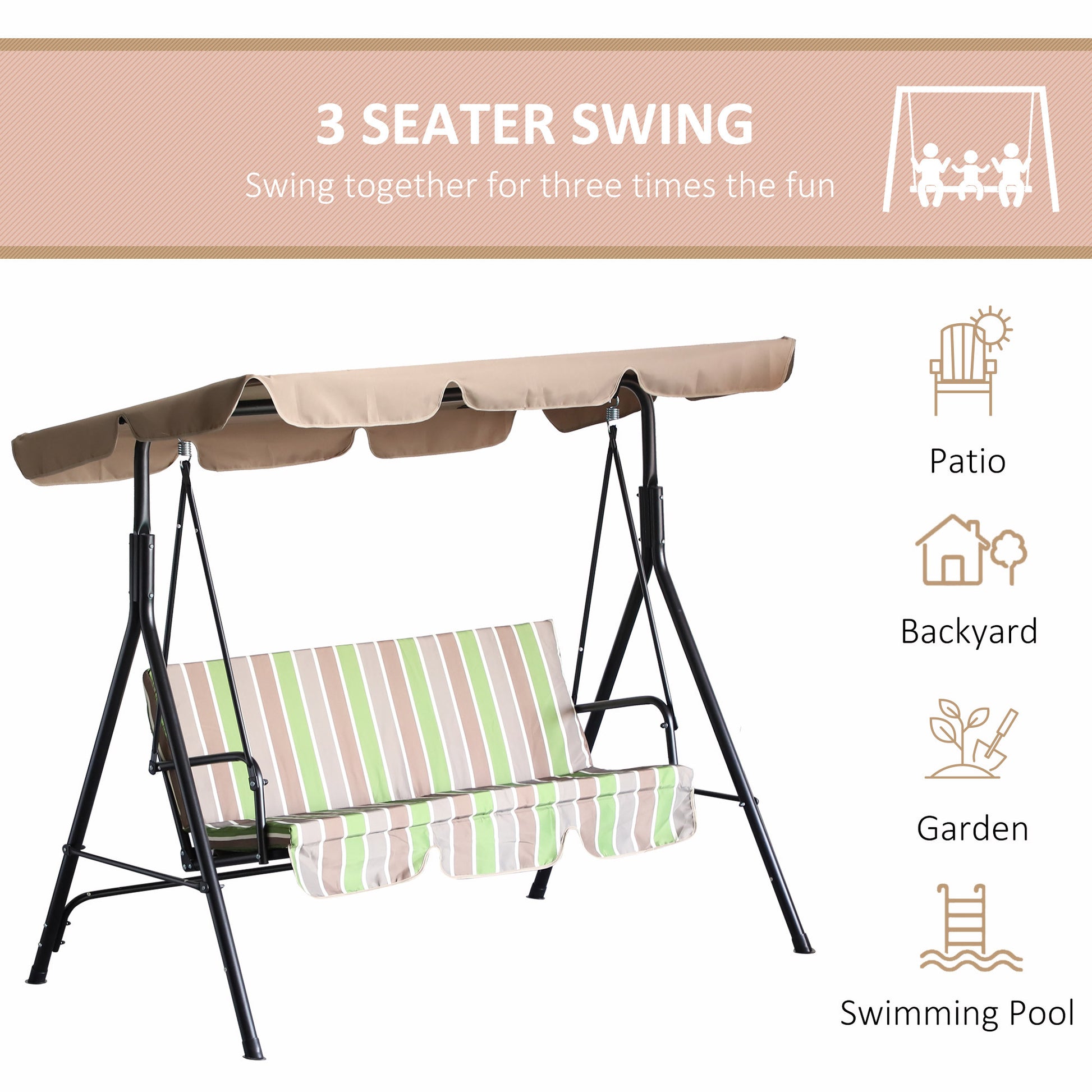 Outsunny 3 Seat Outdoor Patio Swing Chair with multicolor-steel