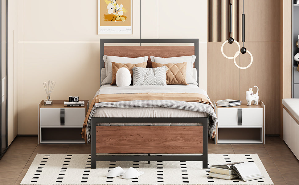 Twin Size Platform Bed, Metal And Wood Bed Frame