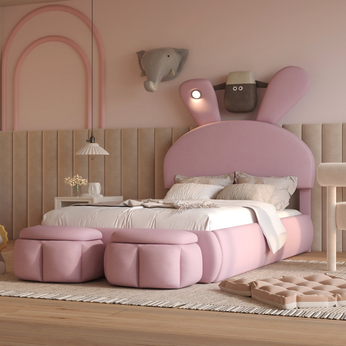 Twin Size Upholstered Platform Bed With Cartoon