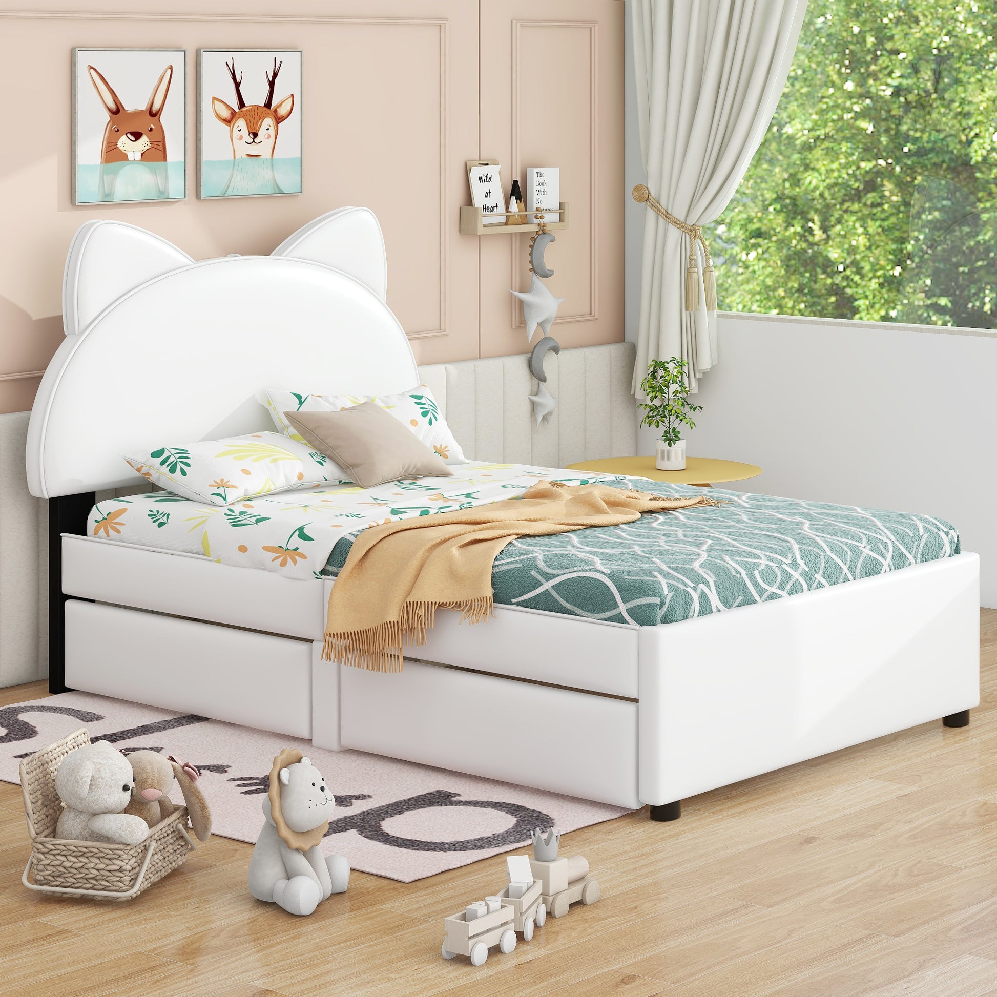 Twin Size Upholstered Platform Bed with Cartoon Ears box spring not