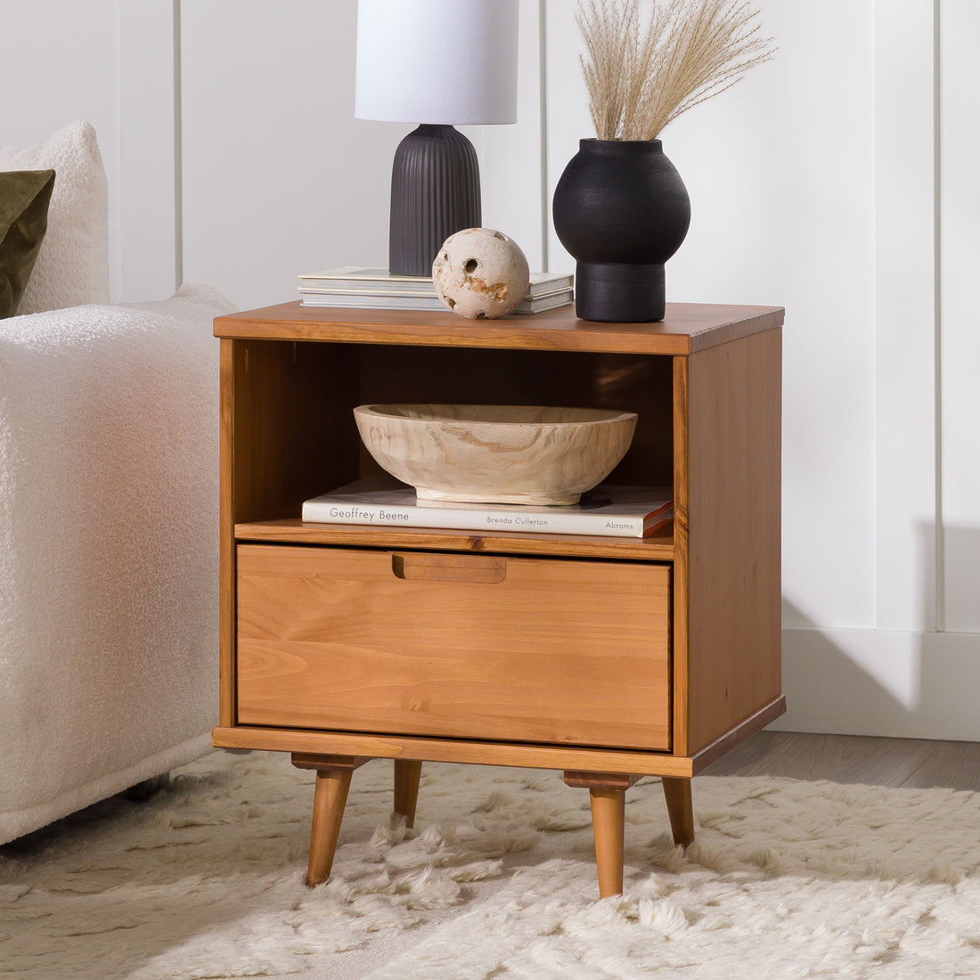 Mid Century Solid Wood 1 Drawer Side Table