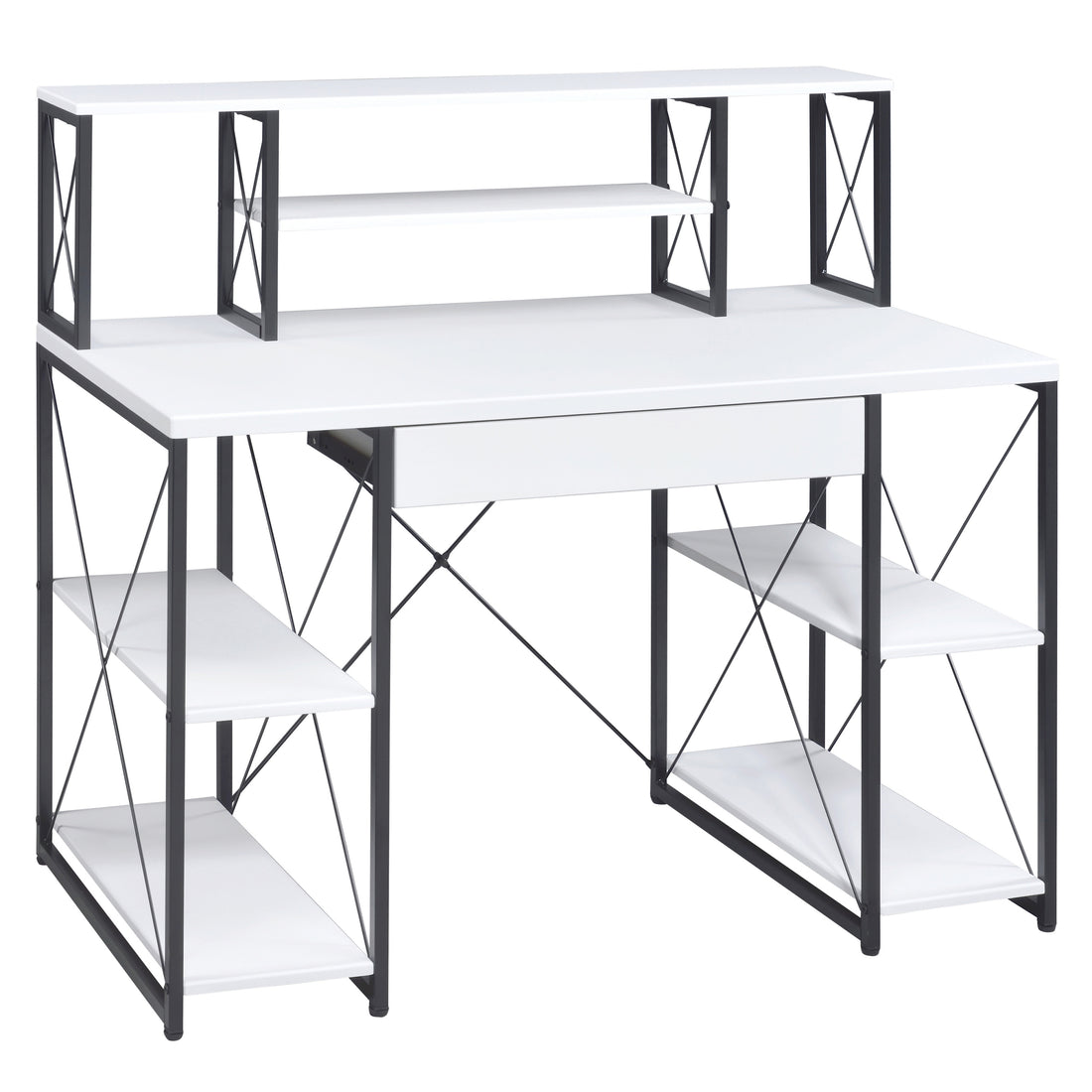 White And Black Office Desk With Open Shelves And