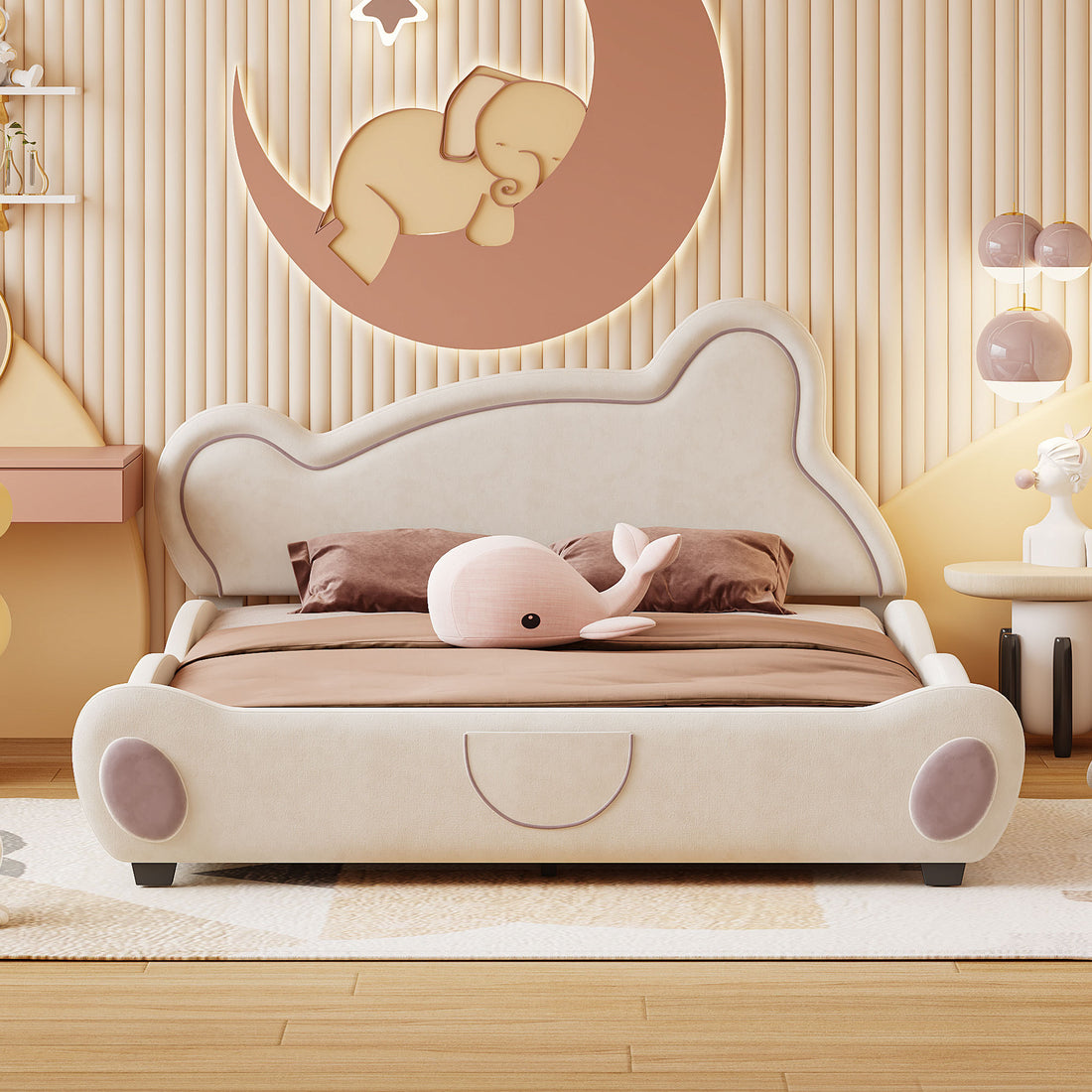 Queen Size Velvet Platform Bed With Bear Shaped -