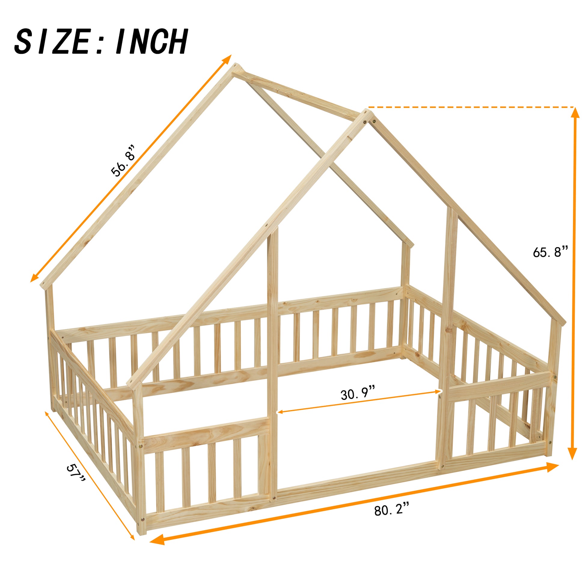 Full Wood House Shaped Floor Bed With Fence -