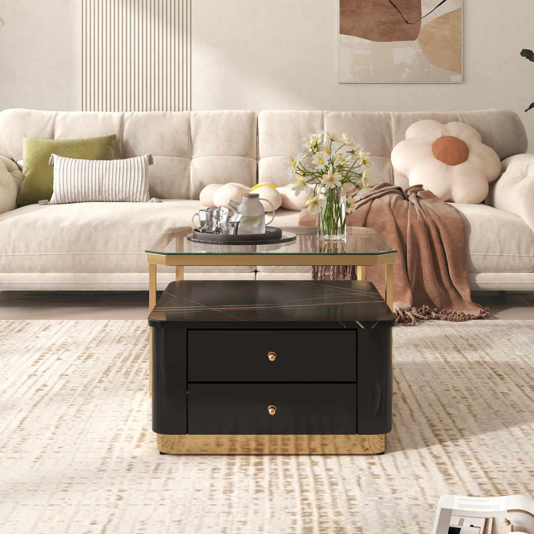 Modern 2 Pieces Black Square Nesting Coffee Table