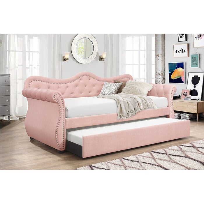 Galaxy Home Abby Upholstered Velvet Wood Daybed with box spring not required-pink-wood-primary living